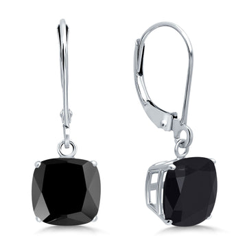 Cushion Cut Bridal Dangling Leverback Earrings Simulated Black CZ 925 Sterling Silver (6mm-9mm)